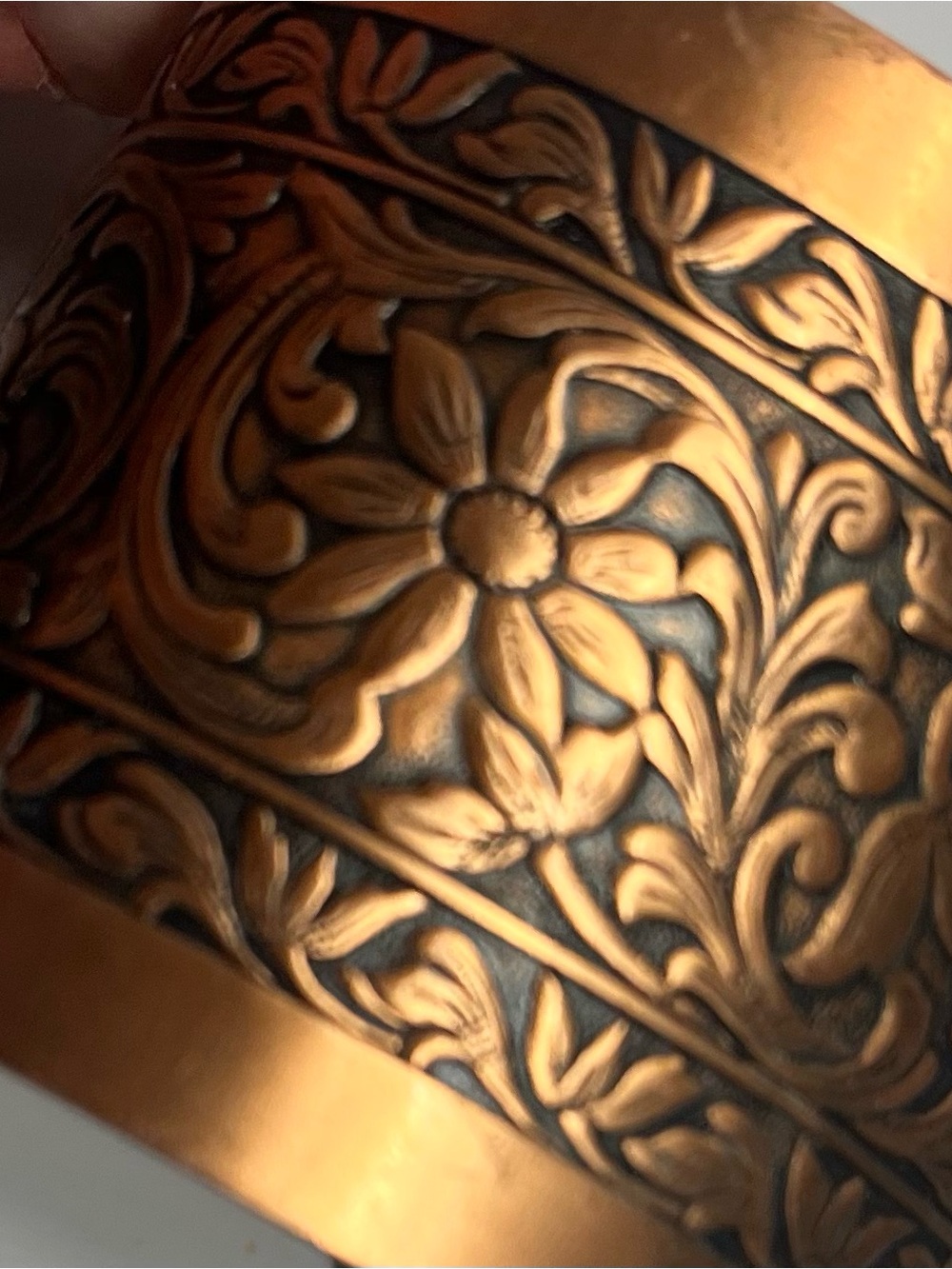 Wide Solid 100% Copper Engraved Floral Cuff Bracelet | Vintage Boho Artisan - Picture 7 of 9
